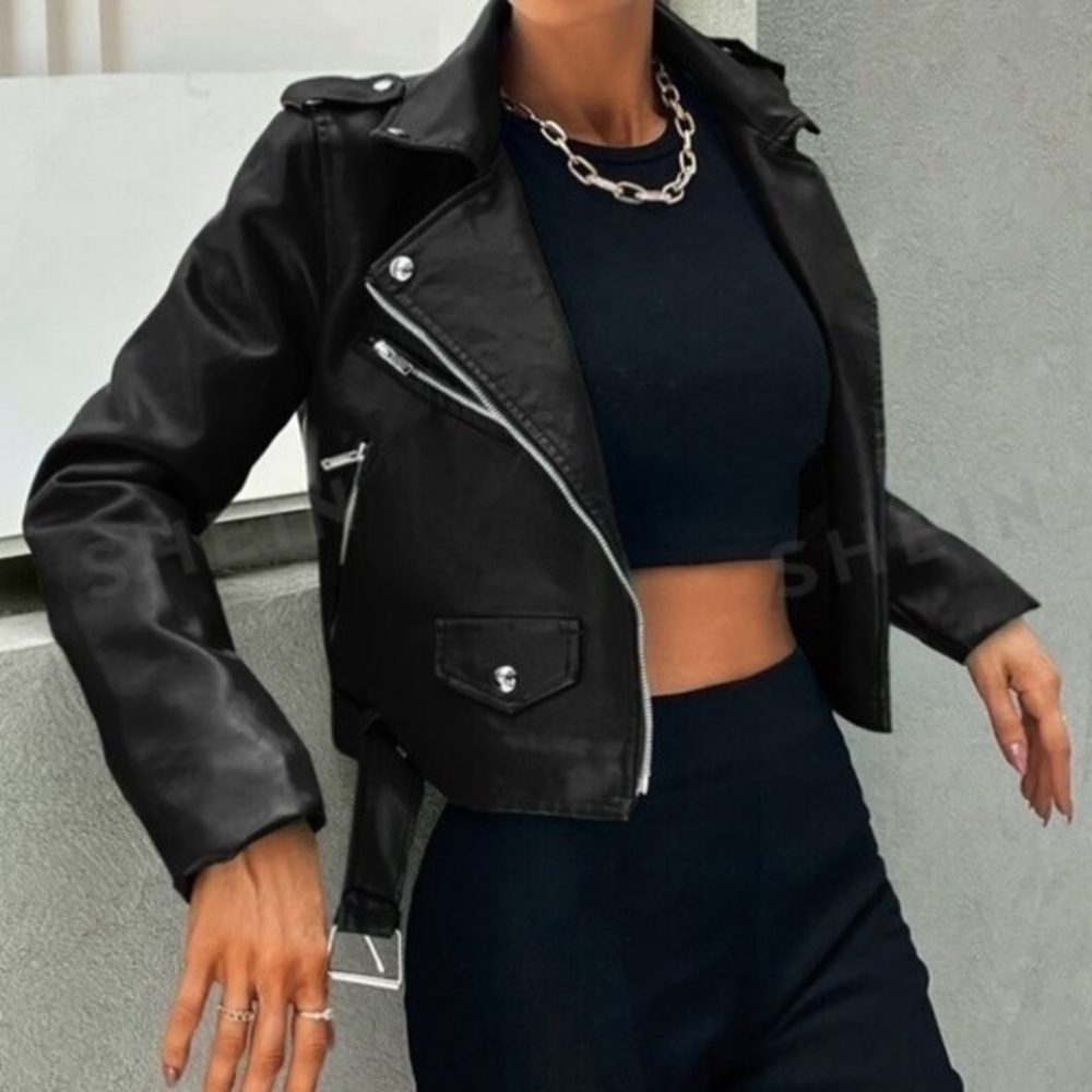 Zip Up Belted PU Moto Jacket For Fall And Winter diferente sizes Available